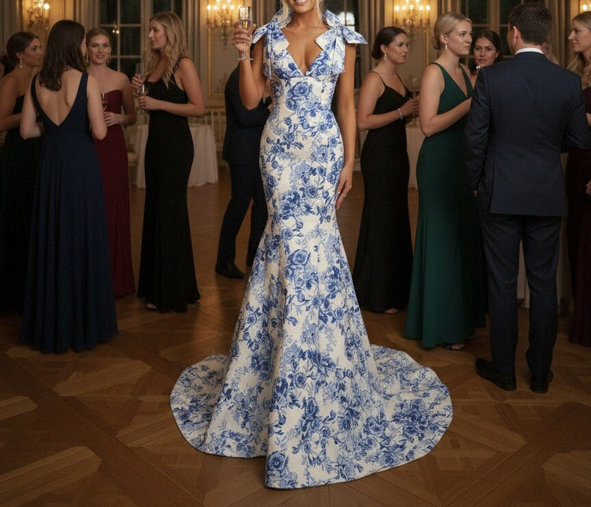 Mermaid/Trumpet Strapless Print Flower Floor Length Prom Dresses with Bows