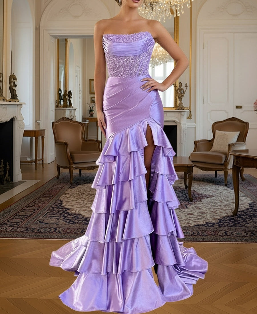 A-Line/Princess Sleeveless Tiered Ruffle Floor-Length Formal Prom Dresses with Sequin