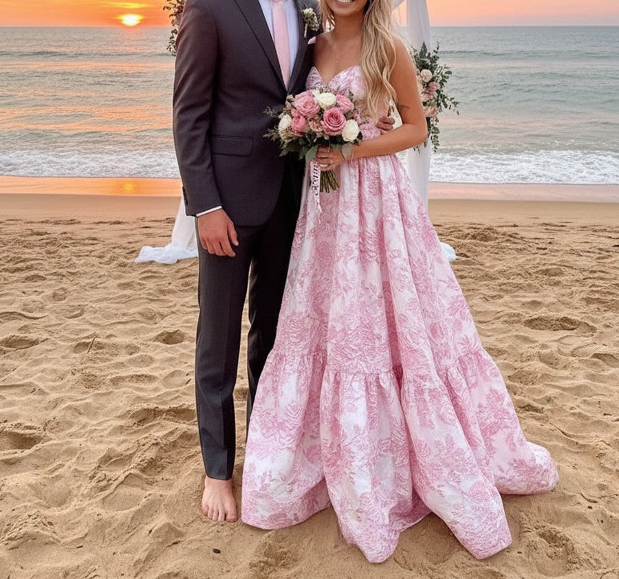 A-Line/Princess Sweetheart Neck Strapless Jacquard Floor-Length Prom Dresses