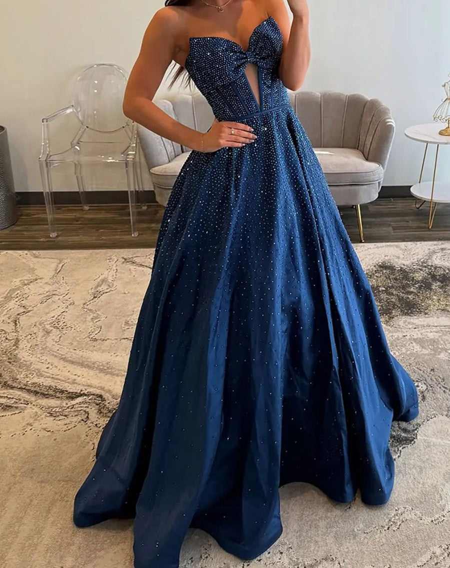 A-Line/Princess Beading Strapless Corset Floor-Length Prom Dresses with Bow
