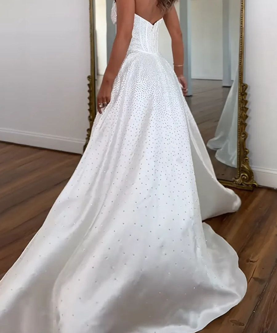 A-Line/Princess Beading Strapless Corset Floor-Length Prom Dresses with Bow