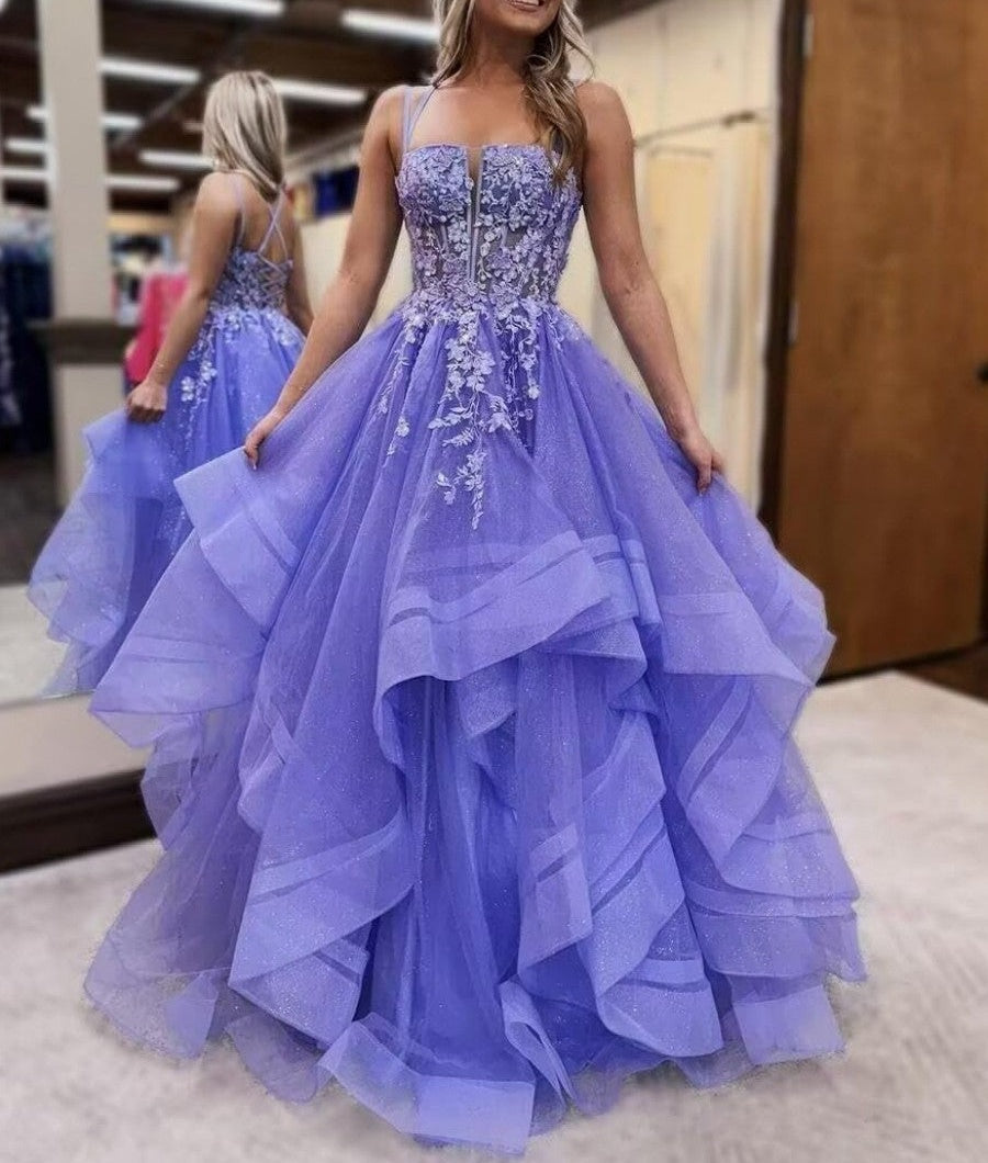 A-Line/Princess Lace Applique Ruffle Floor-Length Prom Dresses with Double Strap