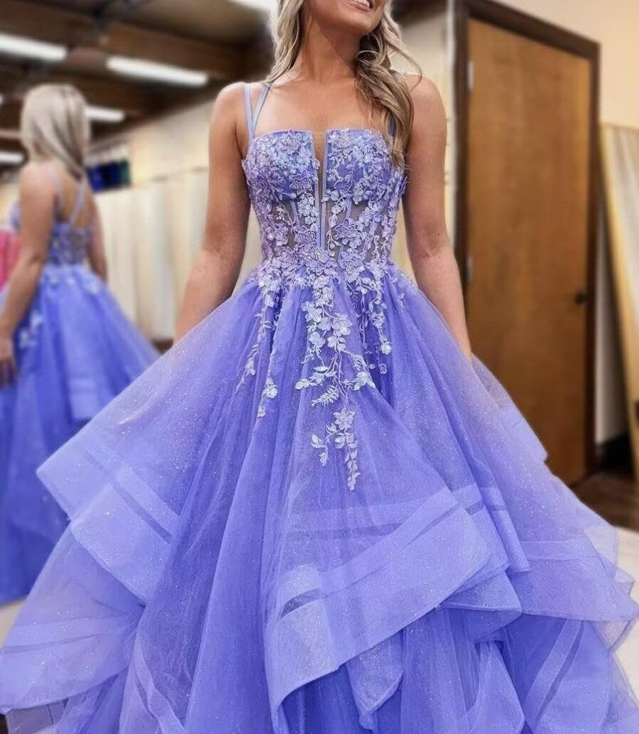 A-Line/Princess Lace Applique Ruffle Floor-Length Prom Dresses with Double Strap