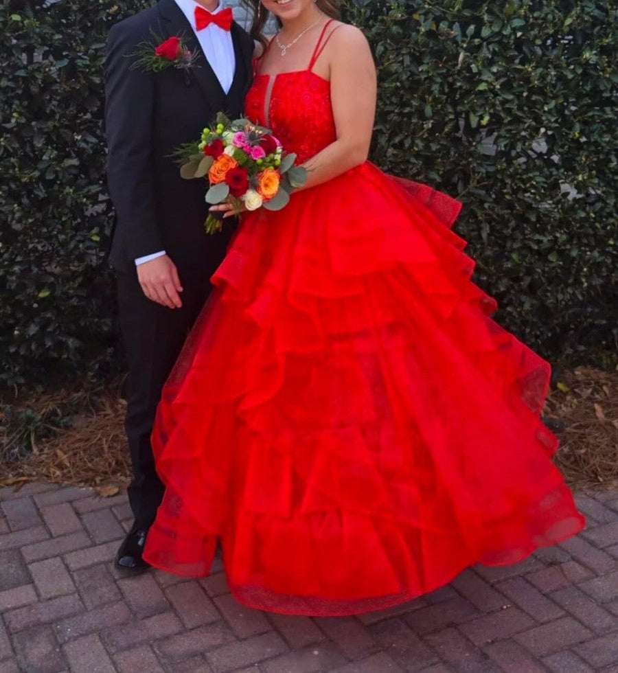 A-Line/Princess Lace Applique Ruffle Floor-Length Prom Dresses with Double Strap
