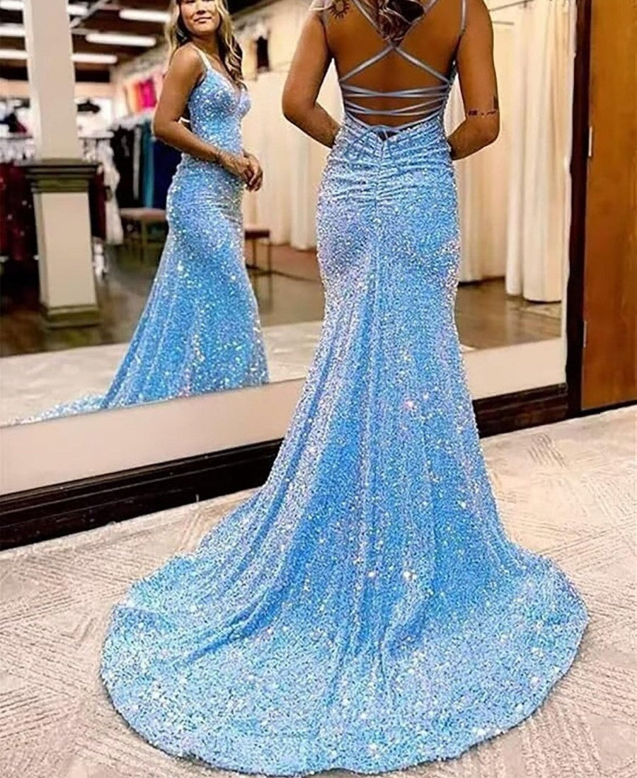 Mermaid/Trumpet Spaghetti Strap V Neck Floor-Length Prom Dresses with Sequin