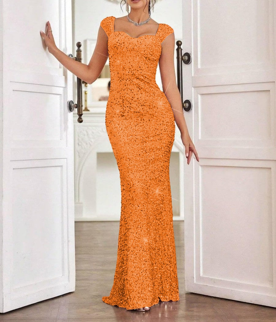 Sheath/Column Cap Sleeve Floor-Length Formal Dresses with Sparkly Sequin