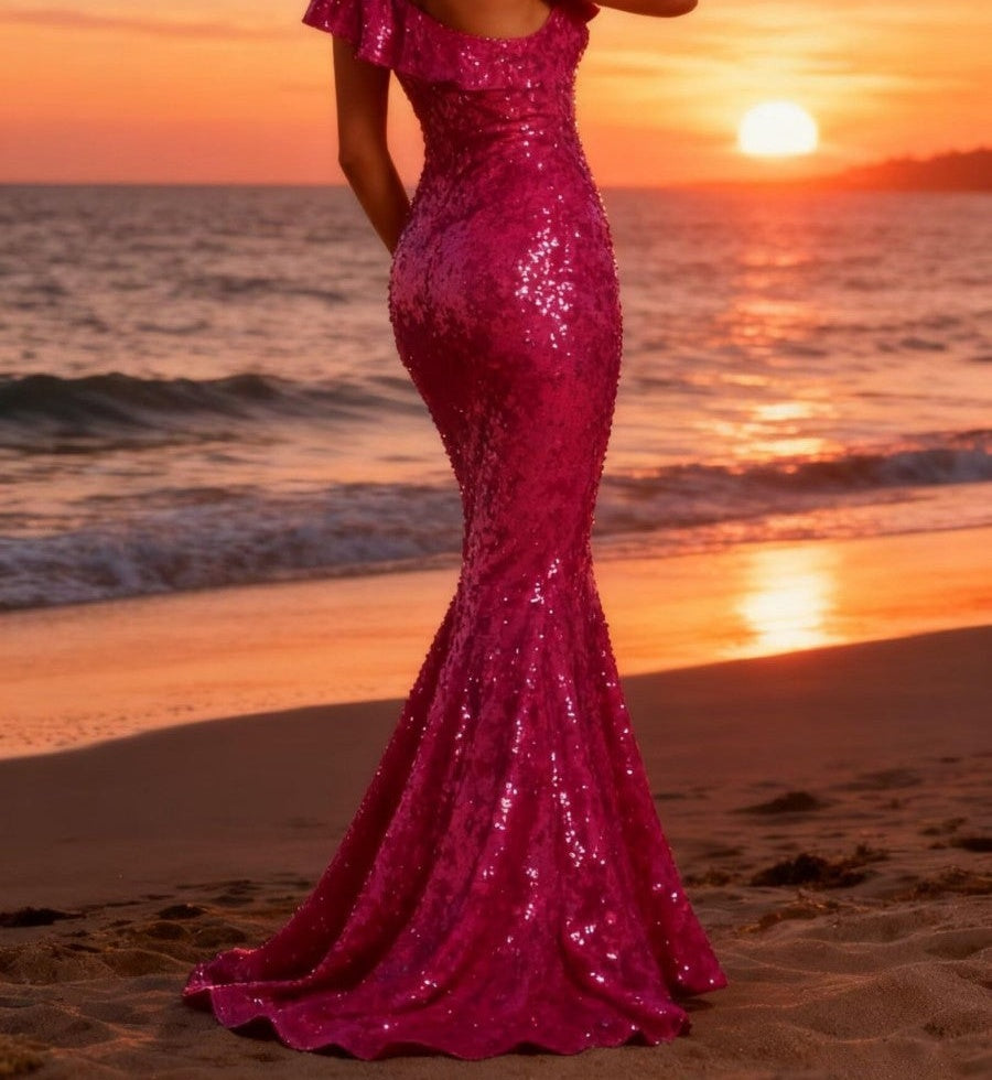 Mermaid/Trumpet One Shoulder Ruffle Floor-Length Formal Dresses with Sparkly Sequin