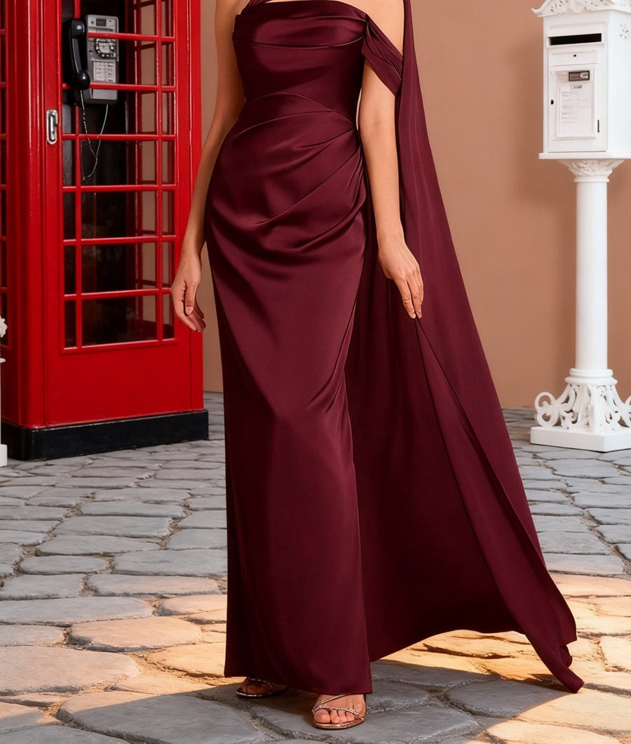 Sheath/Column Off Shoulder Asymmetrical Ruched Floor-Length Formal Dresses with Drape