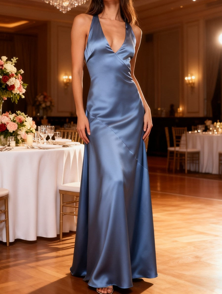 A-Line/Princess V-Neck Floor-Length Formal Wedding Guest Dresses with Satin