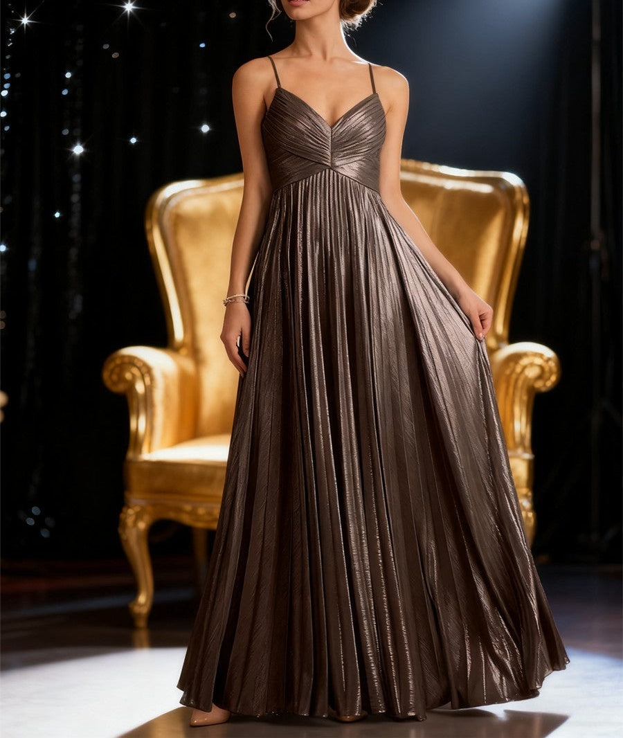 A-Line/Princess Spaghetti Strap V-Neck Floor-Length Formal Dresses with Pleated Satin