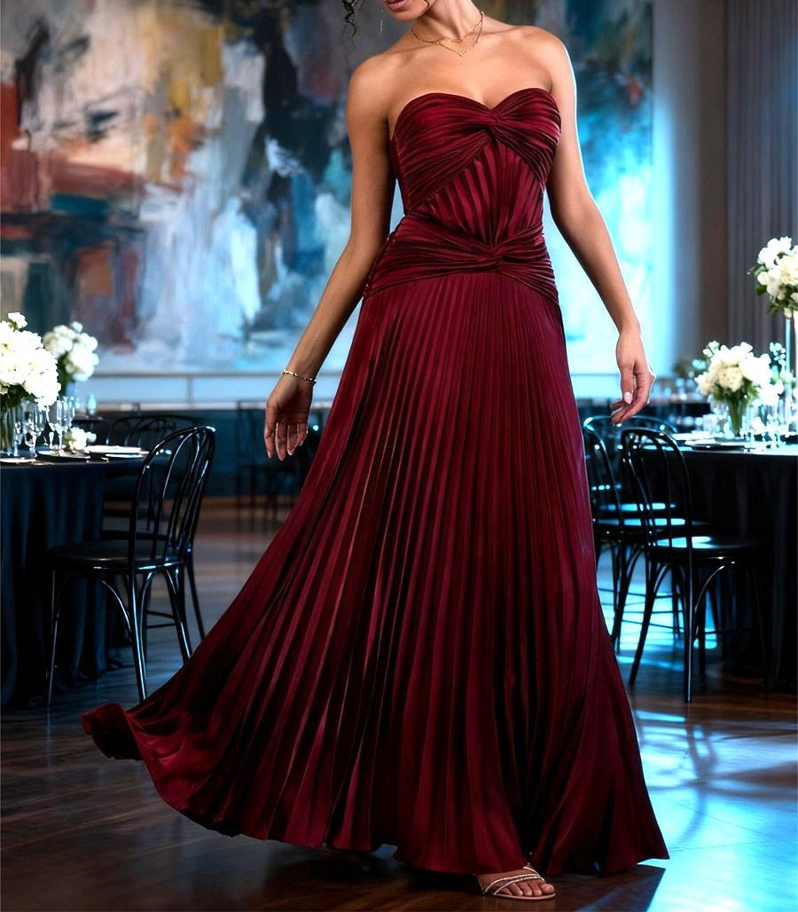 A-Line/Princess Strapless Pleated Satin Floor-Length Formal Dresses with Drop Waist