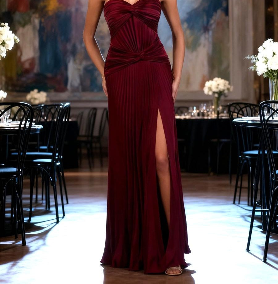 A-Line/Princess Strapless Pleated Satin Floor-Length Formal Dresses with Drop Waist