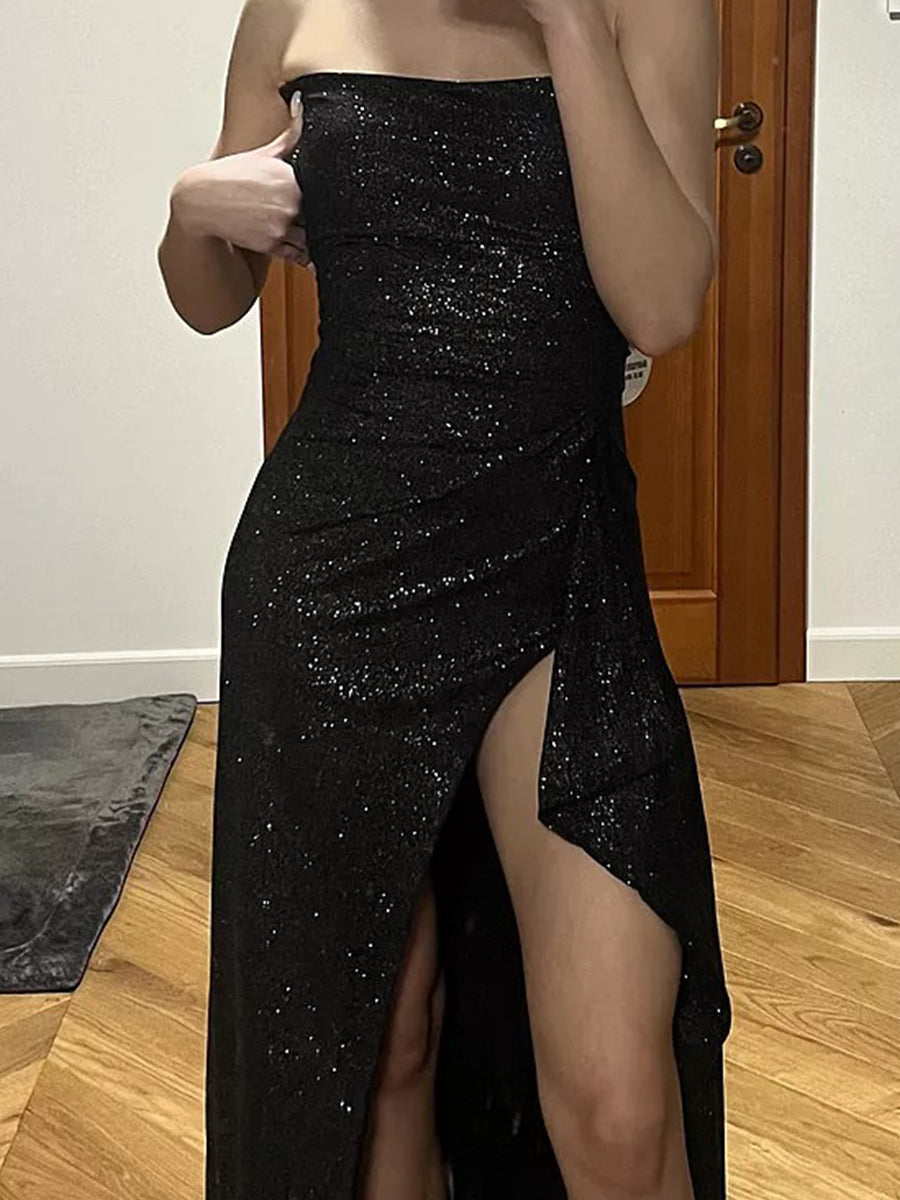 Mermaid/Trumpet Strapless Sparkly Floor-Length Prom Dresses with Ruffle
