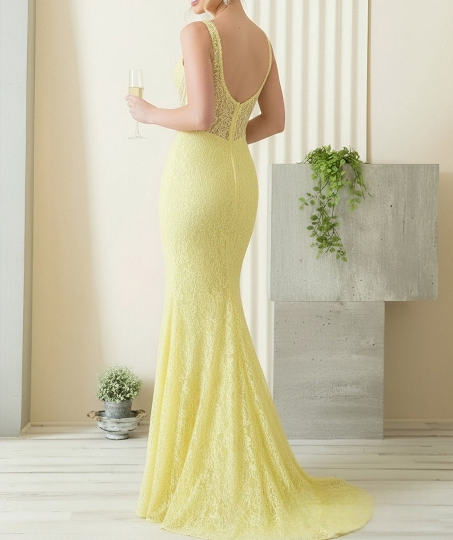 Mermaid/Trumpet V-Neck Tulle Illusion Floor-Length Prom Dresses with Lace
