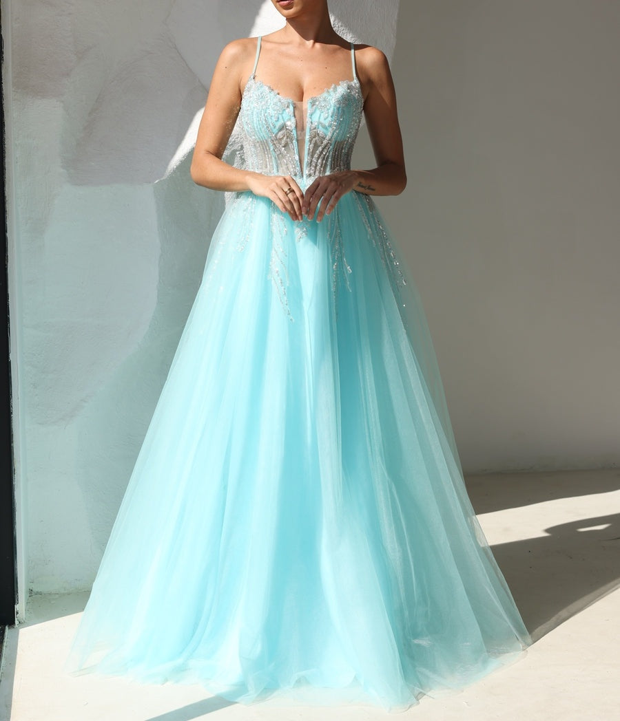 Elegant A-Line/Princess Illusion Neck Tulle Floor-Length Prom Dresses with Beading