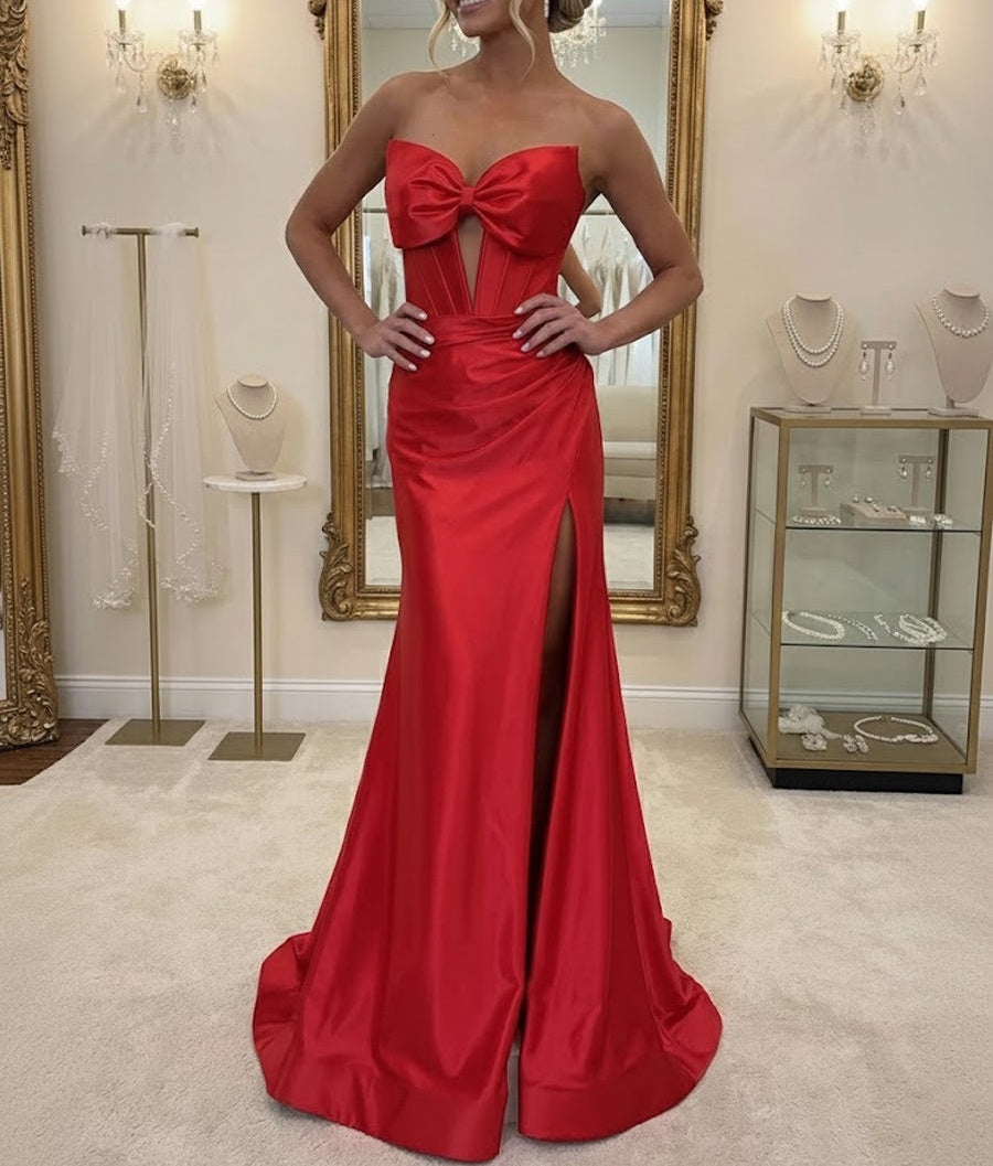 Mermaid/Trumpet Bow Waist Satin Floor-Length Wedding Guest Dresses with Ruched Slit