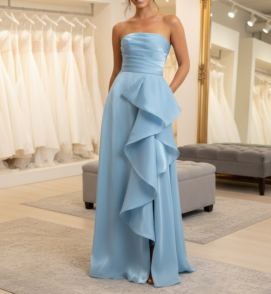 A-Line/Princess Strapless Ruched Taffeta Floor-Length Formal Dresses with Ruffle