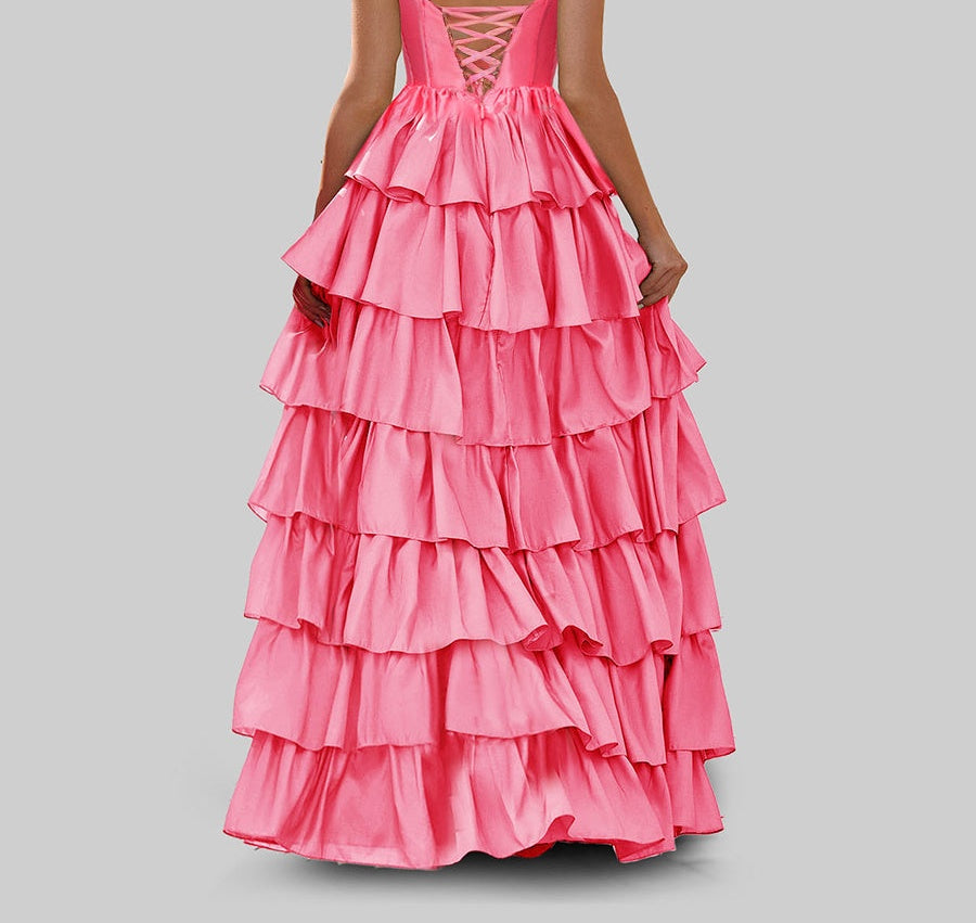 A-Line/Princess Strapless Ruched Floor-Length Prom Dresses with Tiered Ruffles
