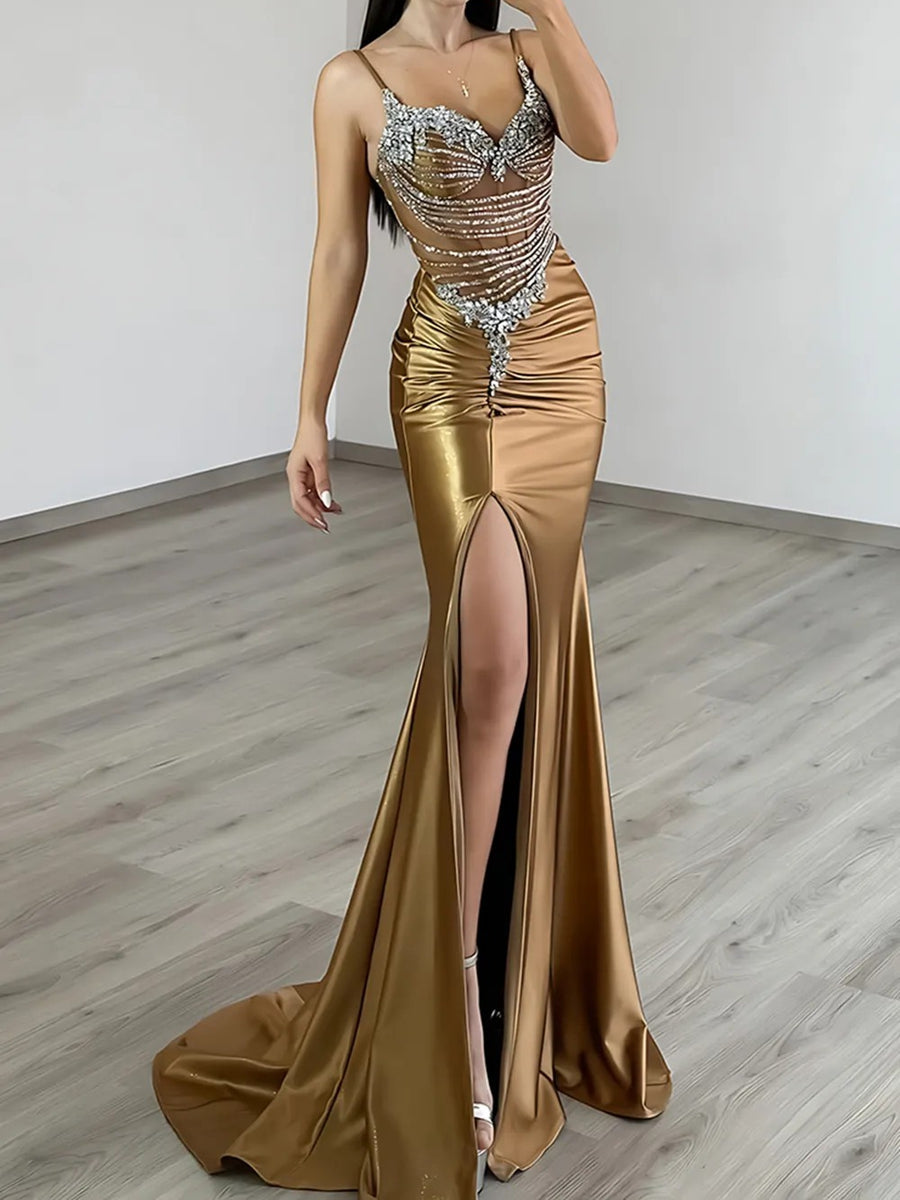 Elegant A-Line/Princess V-Neck Spaghetti Strap Satin Floor-Length Prom Dresses with Train