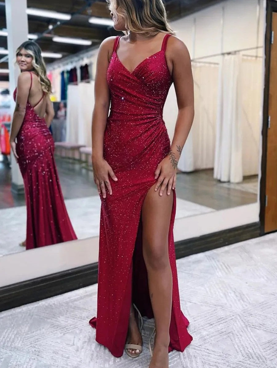 Sexy A-Line/Princess Sparkly Spaghetti Strap V-Neck Floor-Length Prom Dress Ruched Formal Dresses with Slit