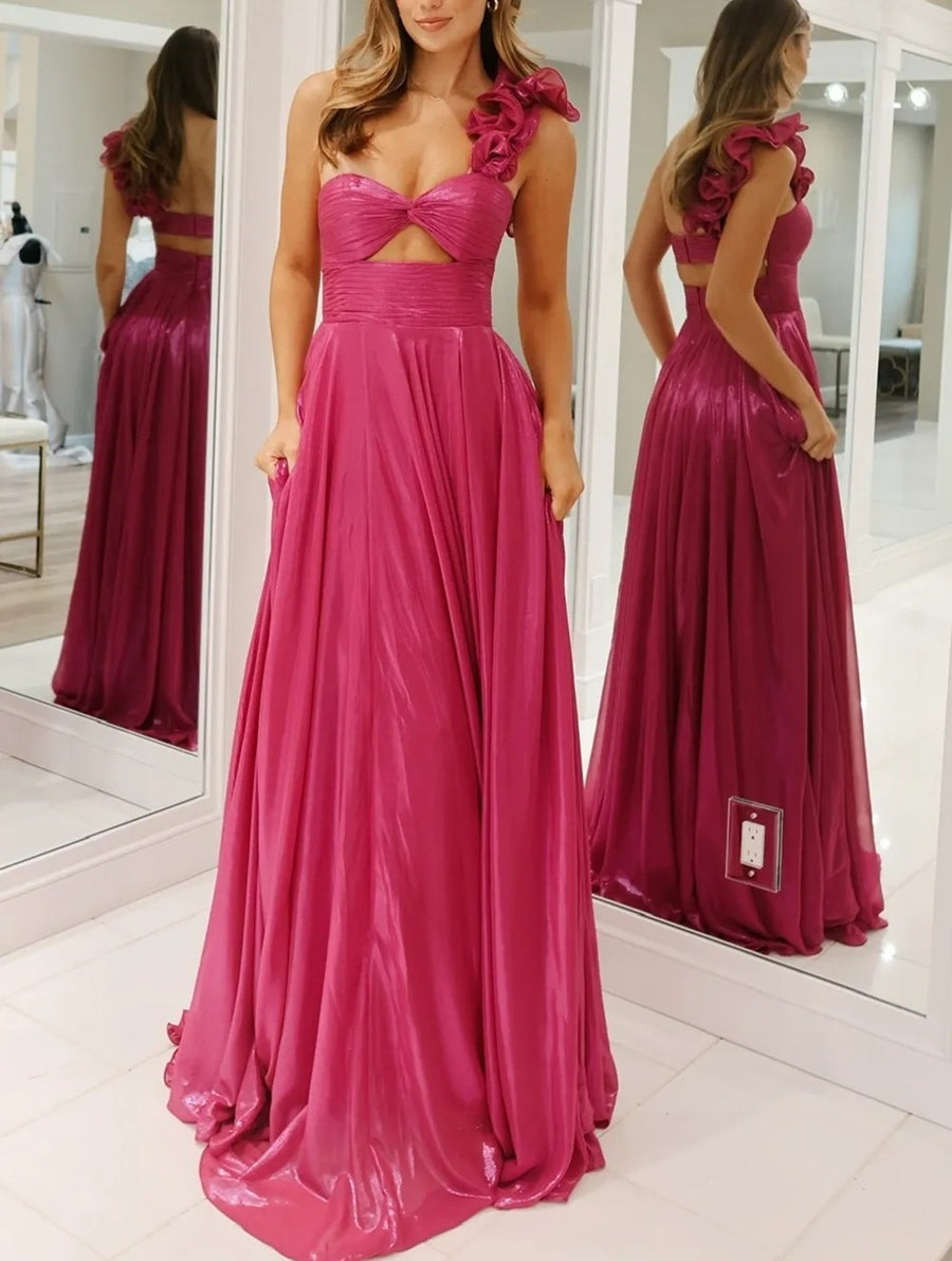 A-Line/Princess One Shoulder Keyhole Metallic Floor-Length Prom Dresses with Pleats