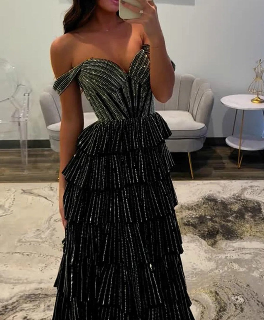 A-Line/Princess Off Shoulder Glitter Long Prom Dresses with Tiered Ruffle