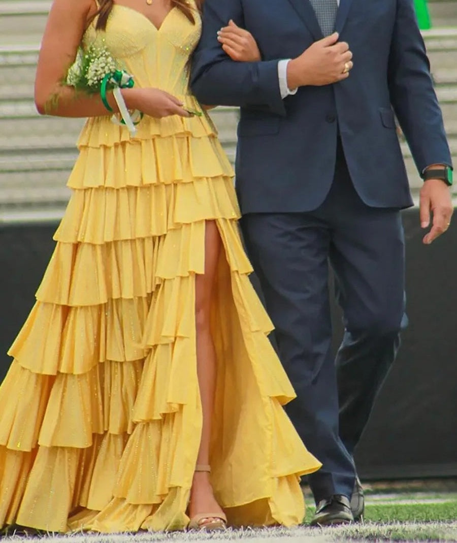 A-Line/Princess Off Shoulder Glitter Long Prom Dresses with Tiered Ruffle
