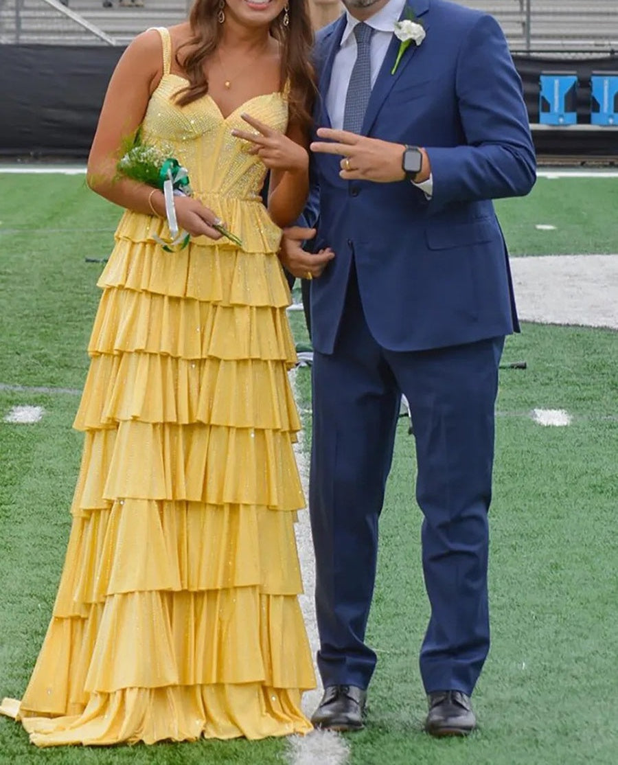 A-Line/Princess Off Shoulder Glitter Long Prom Dresses with Tiered Ruffle