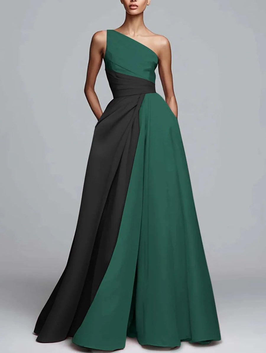 A-Line/Princess One Shoulder Patchwork Satin Long Prom Dresses with Pockets