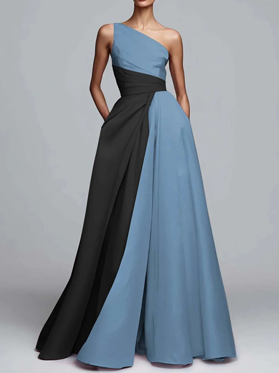 A-Line/Princess One Shoulder Patchwork Satin Long Prom Dresses with Pockets