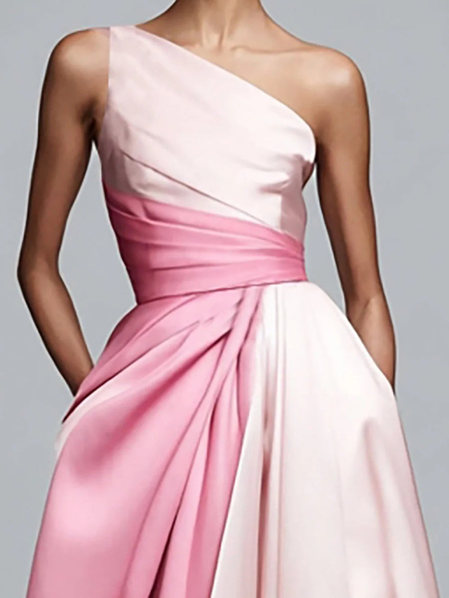 A-Line/Princess One Shoulder Patchwork Satin Long Prom Dresses with Pockets