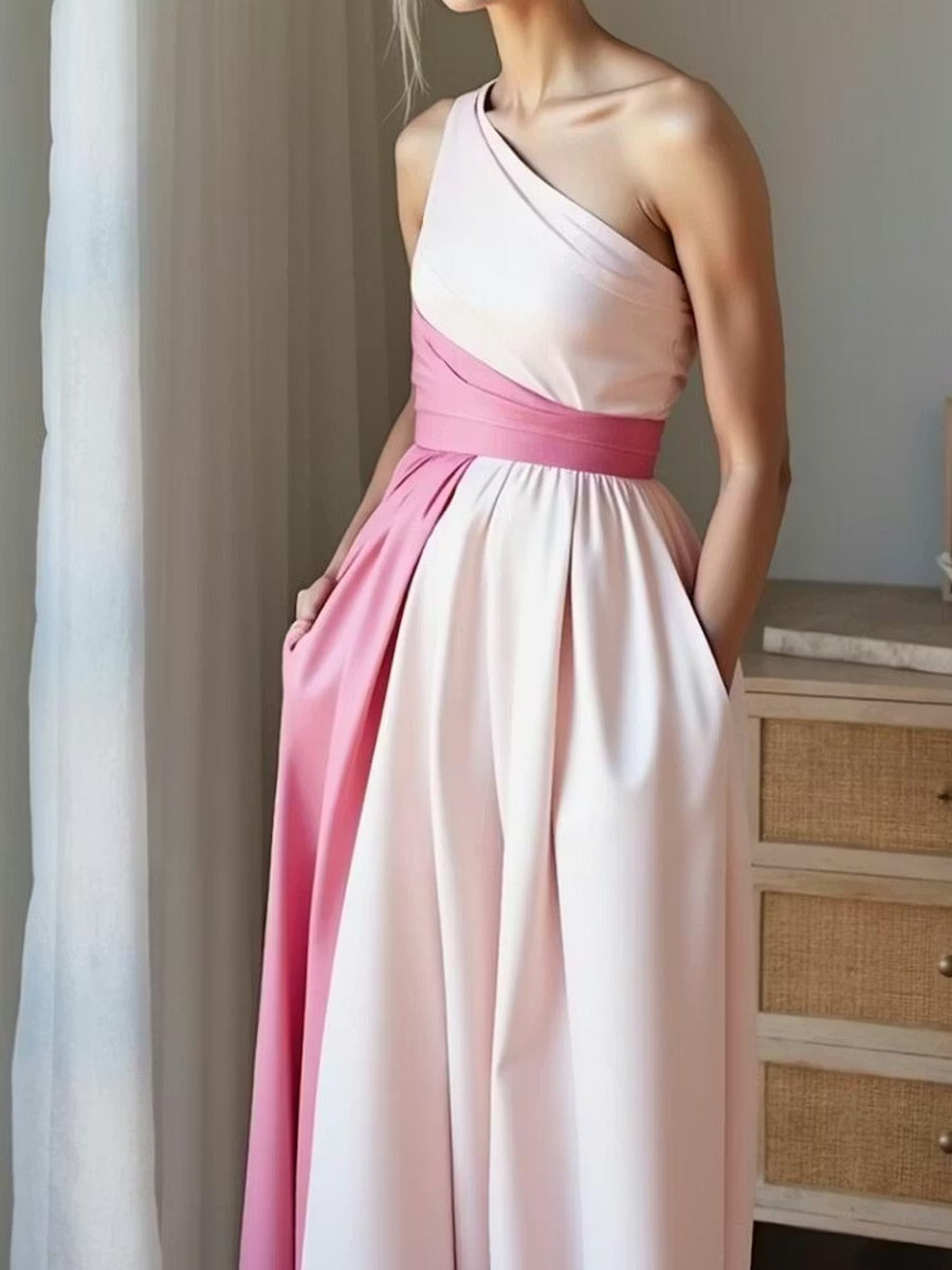 A-Line/Princess One Shoulder Patchwork Satin Long Prom Dresses with Pockets