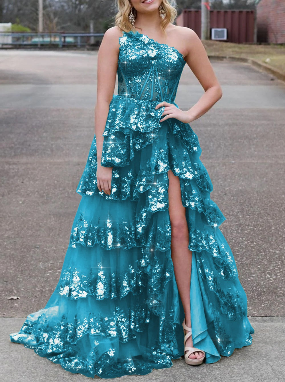 Sparkly Sequin One Shoulder Tiered Long Prom Dresses with Slit