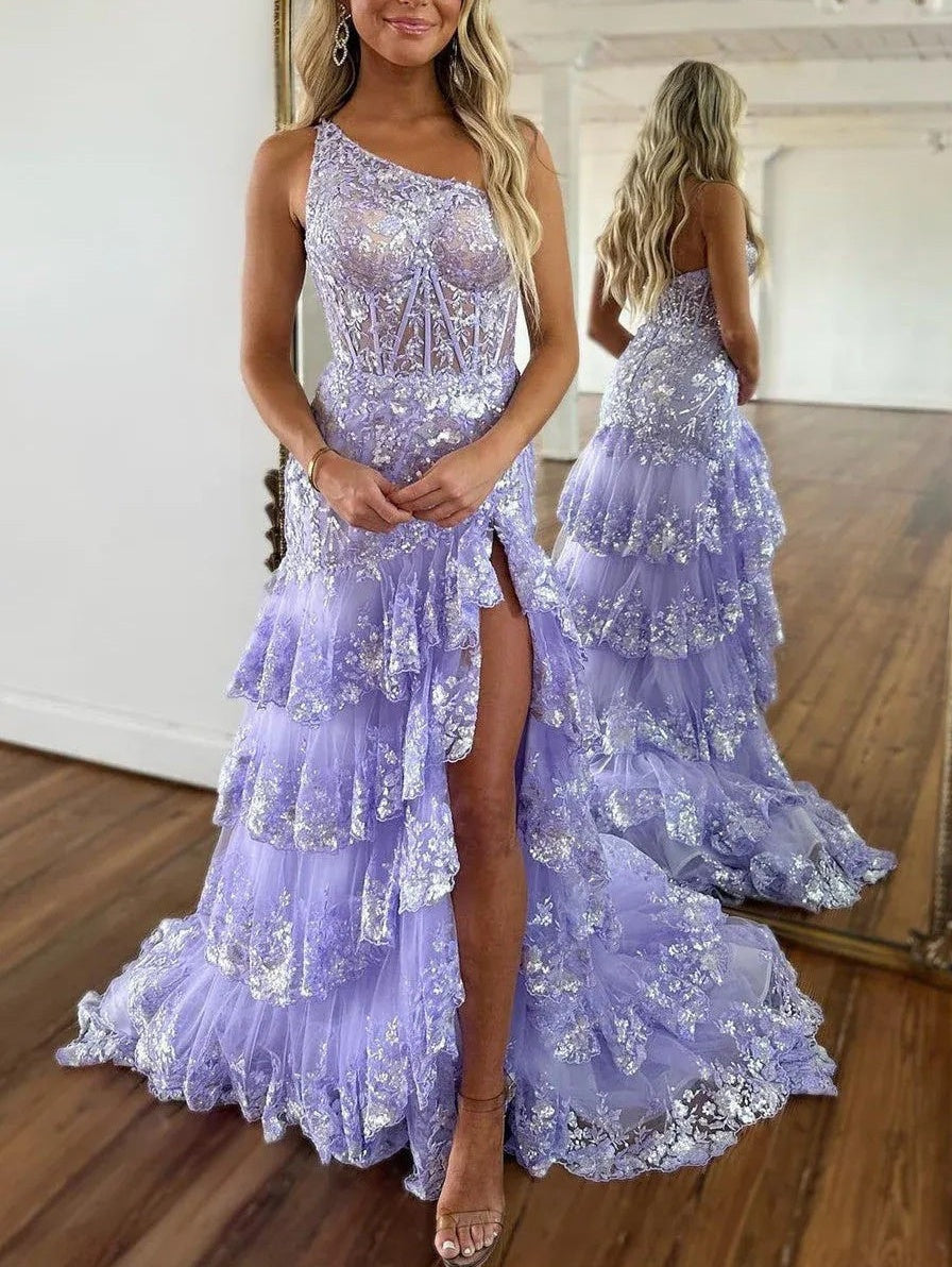 Sparkly Sequin One Shoulder Tiered Long Prom Dresses with Slit