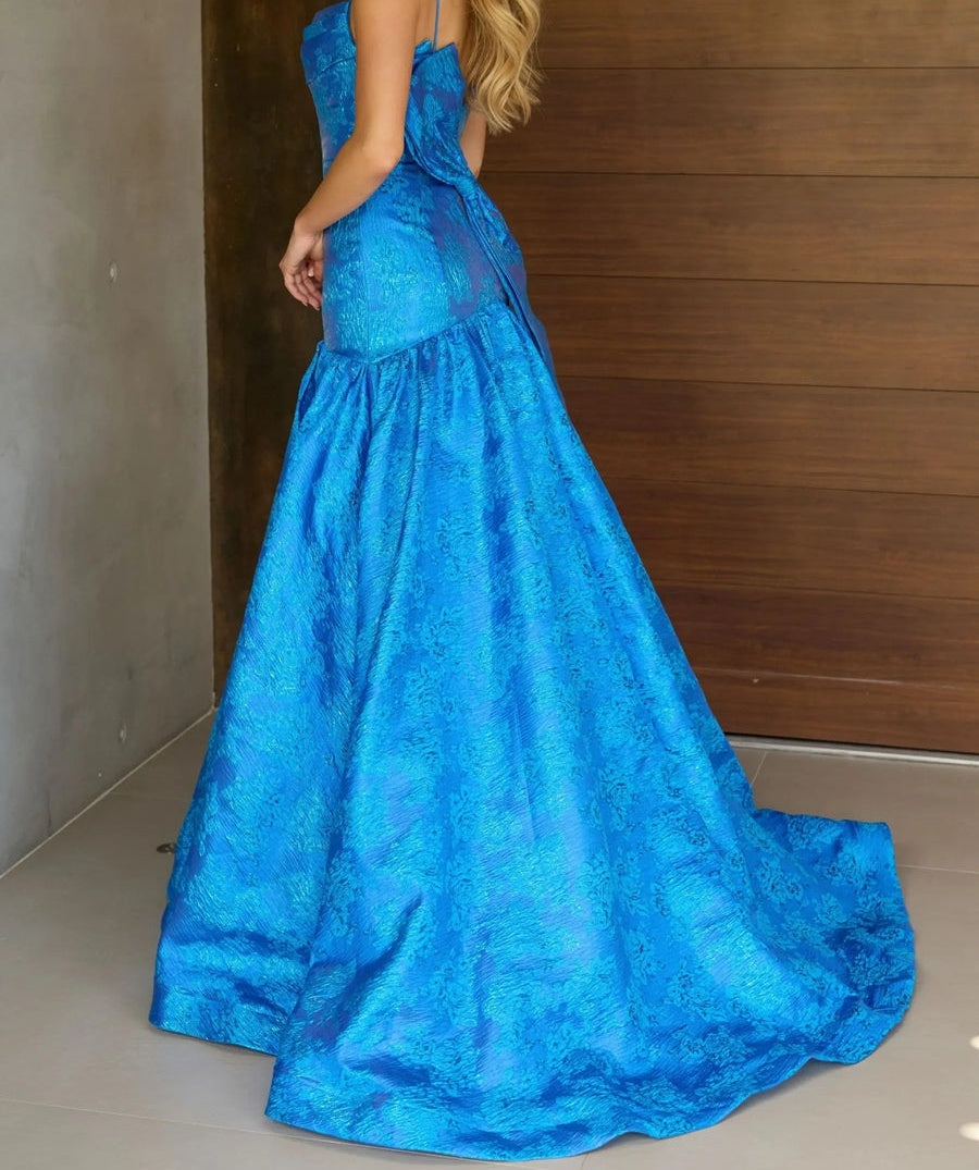 Mermaid/Trumpet Drop Waist Bow Long Prom Dresses with Jacquard