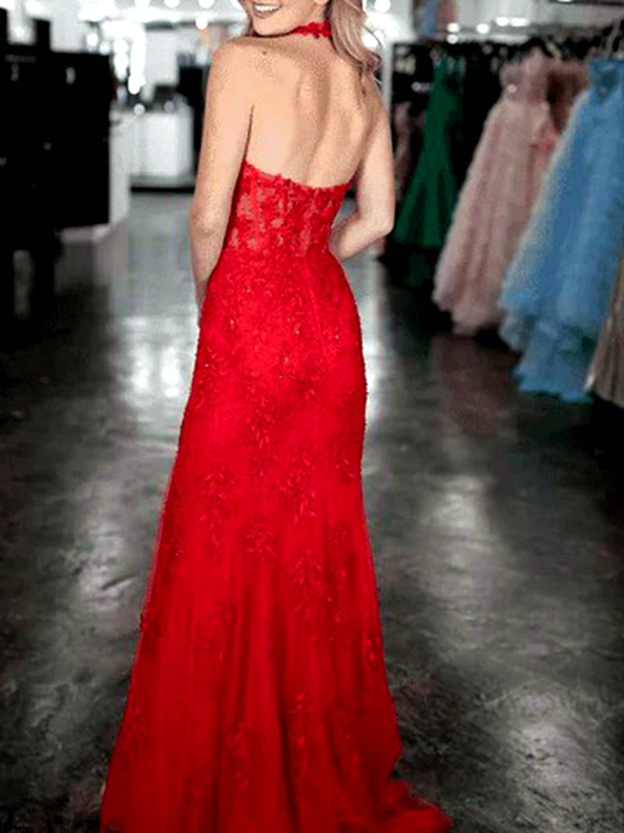 Halter V-Neck Lace Applique A-Line/Princess Long Prom Dresses with Side Slit