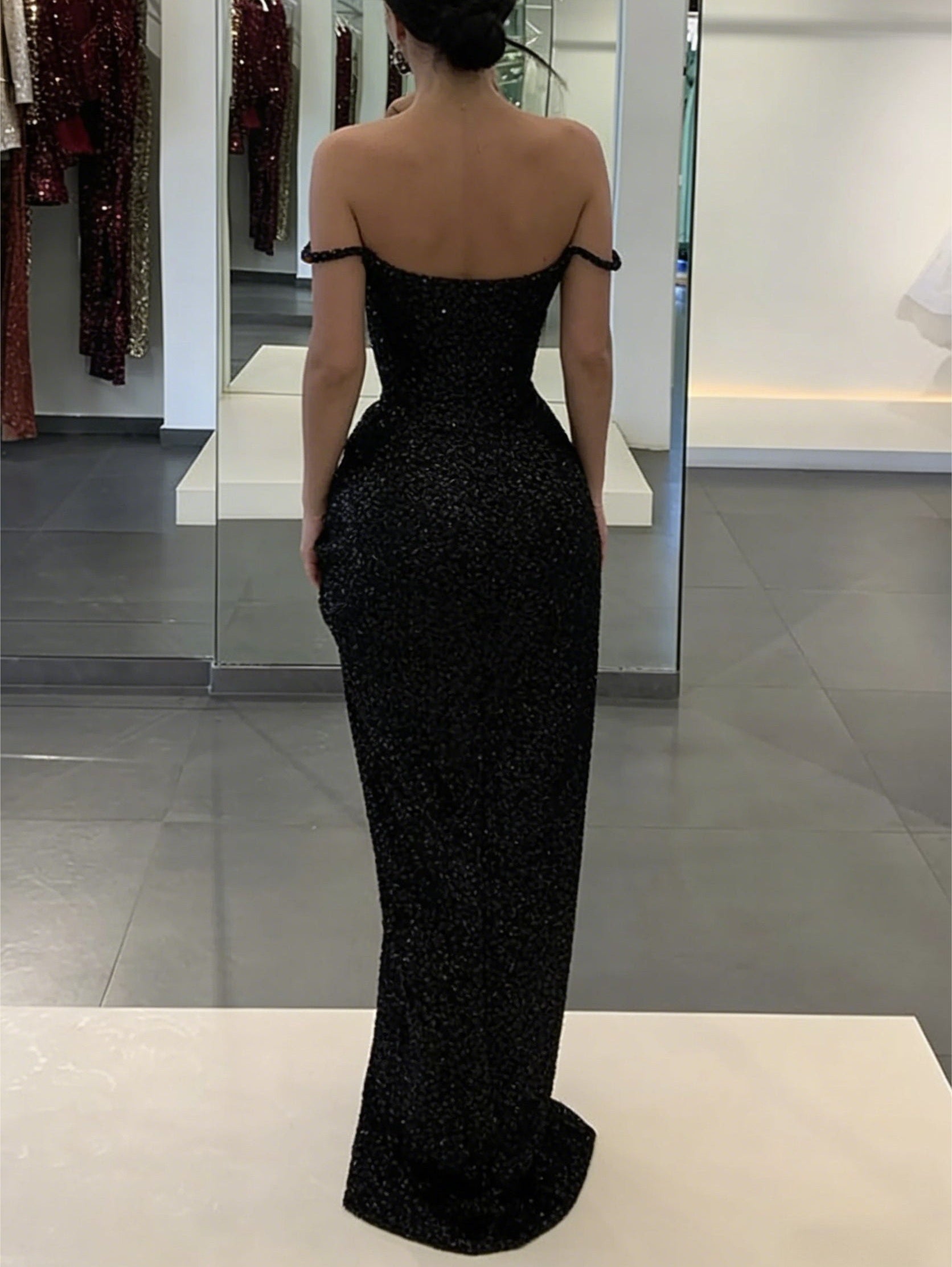 Mermaid/Trumpet Glitter Off Shoulder Long Prom Dresses with Ruffle