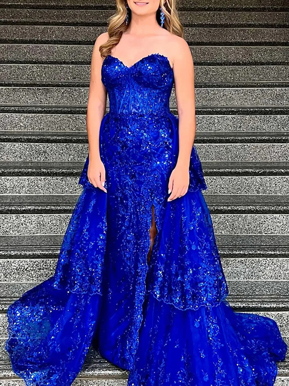 Sparkly Sequin Sweetheart Tiered Long Prom Dresses
