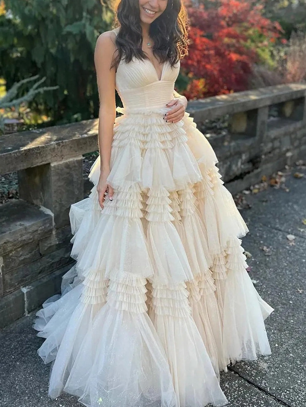 Tulle Spaghetti Strap Tiered Long Prom Dresses Ruffle Ball Gown