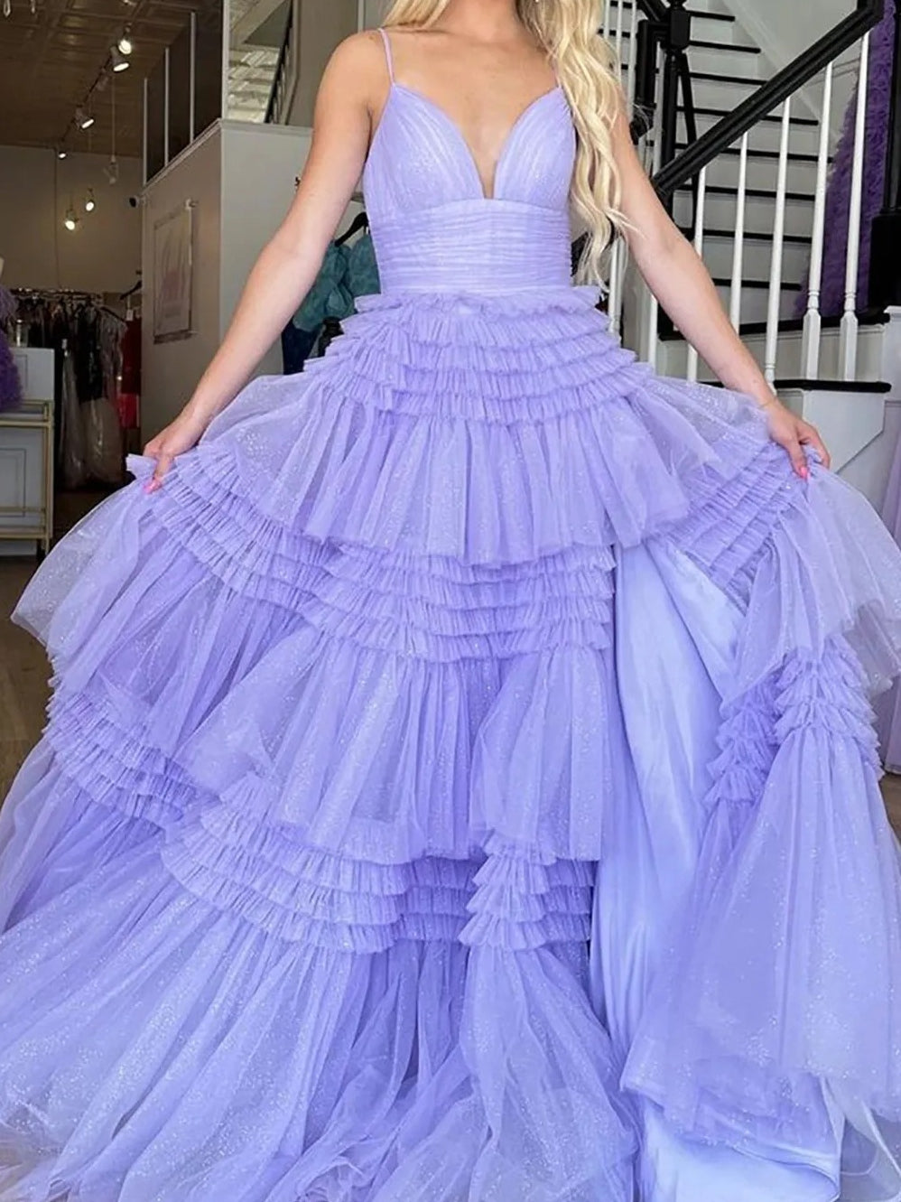 Tulle Spaghetti Strap Tiered Long Prom Dresses Ruffle Ball Gown
