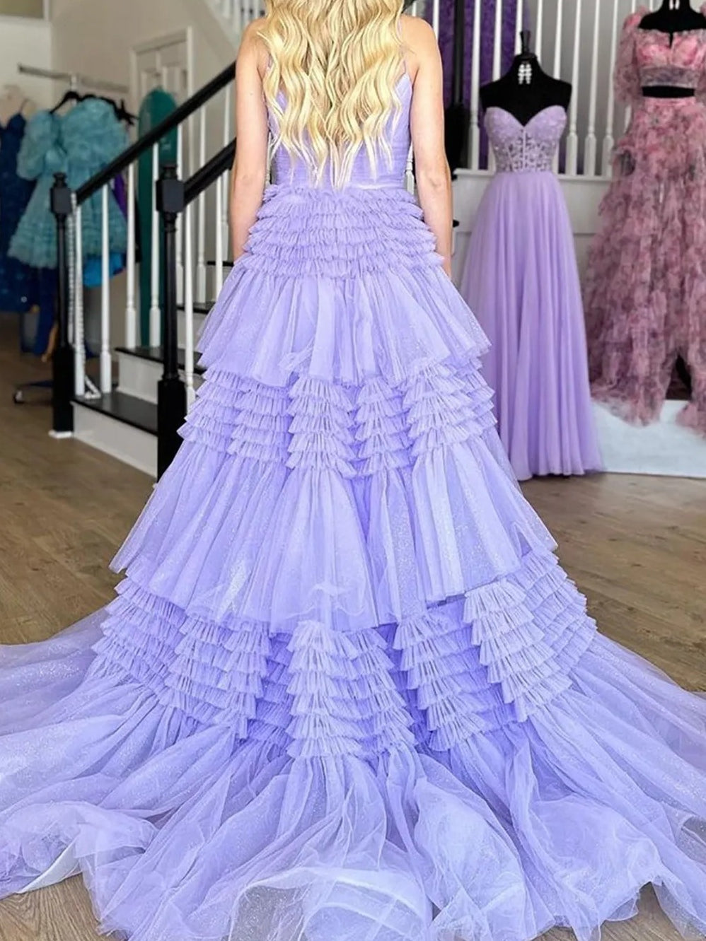 Tulle Spaghetti Strap Tiered Long Prom Dresses Ruffle Ball Gown