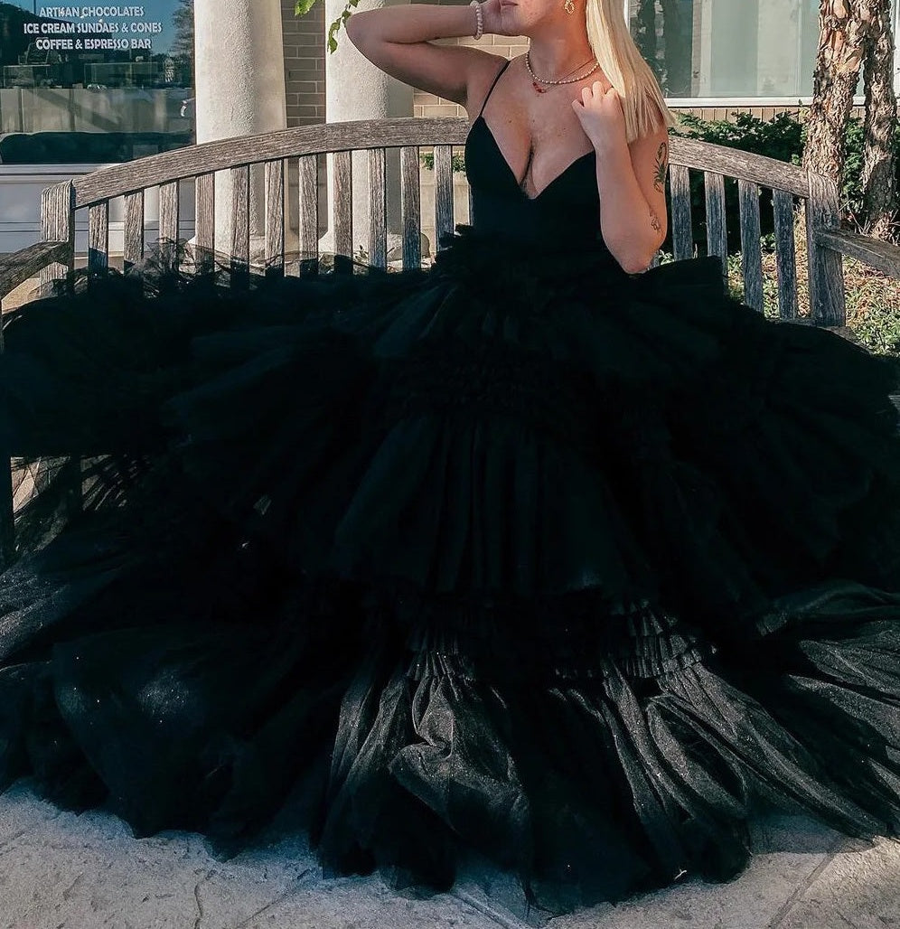 Tulle Spaghetti Strap Tiered Long Prom Dresses Ruffle Ball Gown