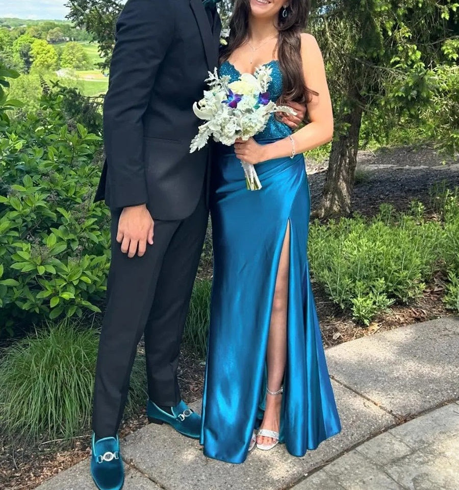 Strapless Sweetheart Patchwork Long Prom Dresses with Lace Applique