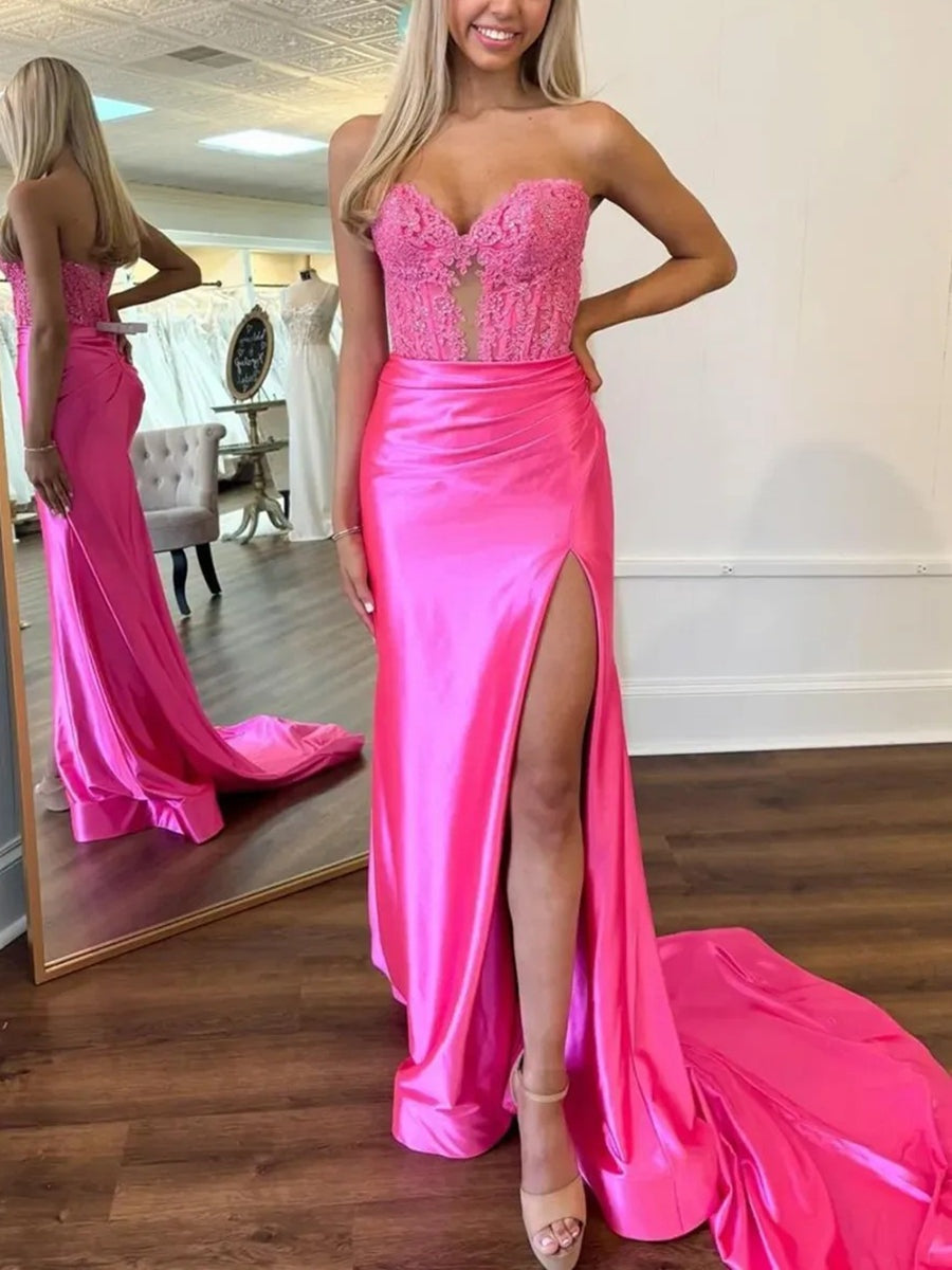 Strapless Sweetheart Patchwork Long Prom Dresses with Lace Applique
