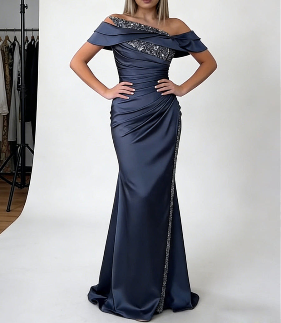 Sheath/Column Off Shoulder Pleated Satin Long Prom Dresses with Rhinestone