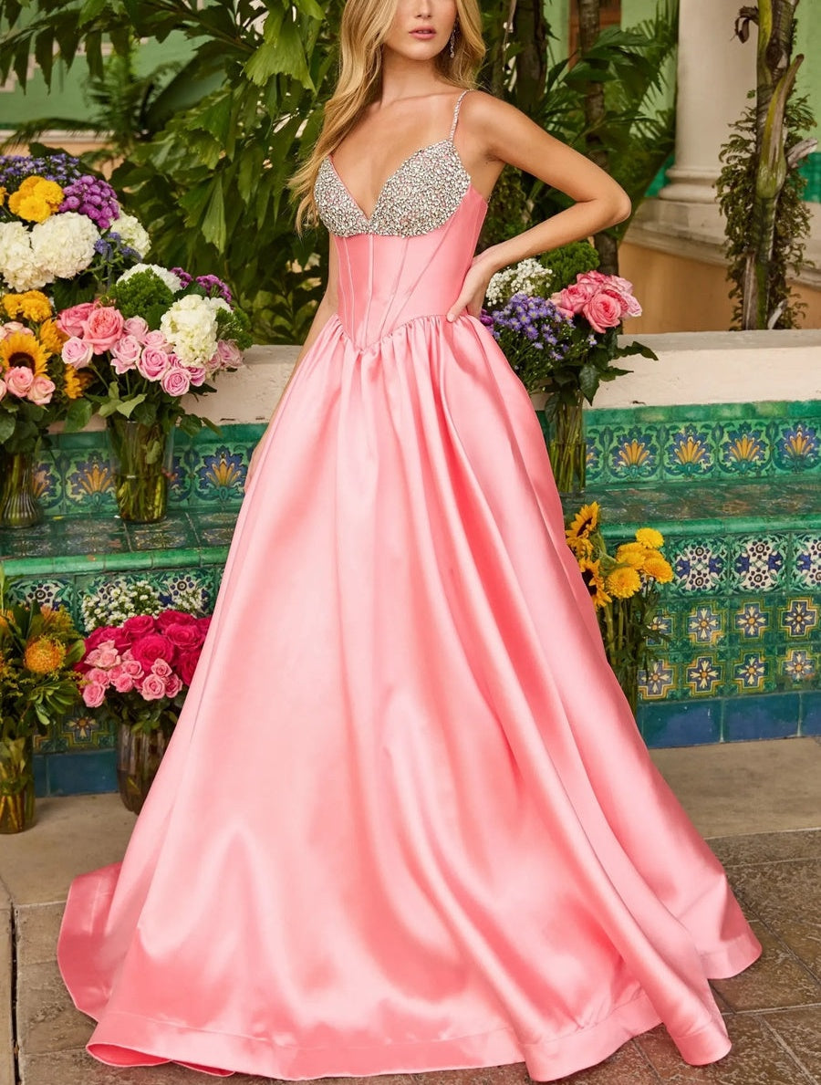 A-Line/Princess Sequin Spaghetti Strap Corset Long Prom Dresses
