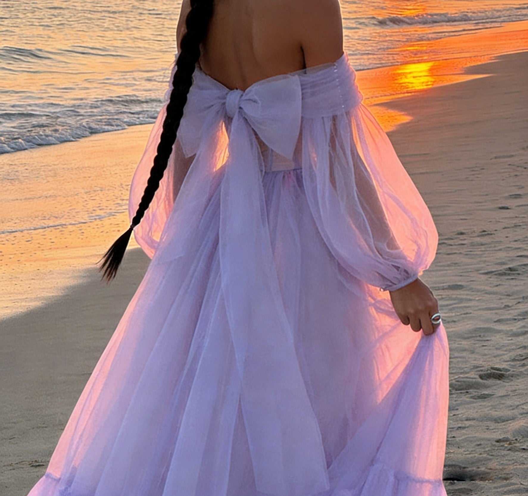 A-Line/Princess Sweetheart Long Sleeves Tiered Tulle Floor-Length Prom Dress with Bow