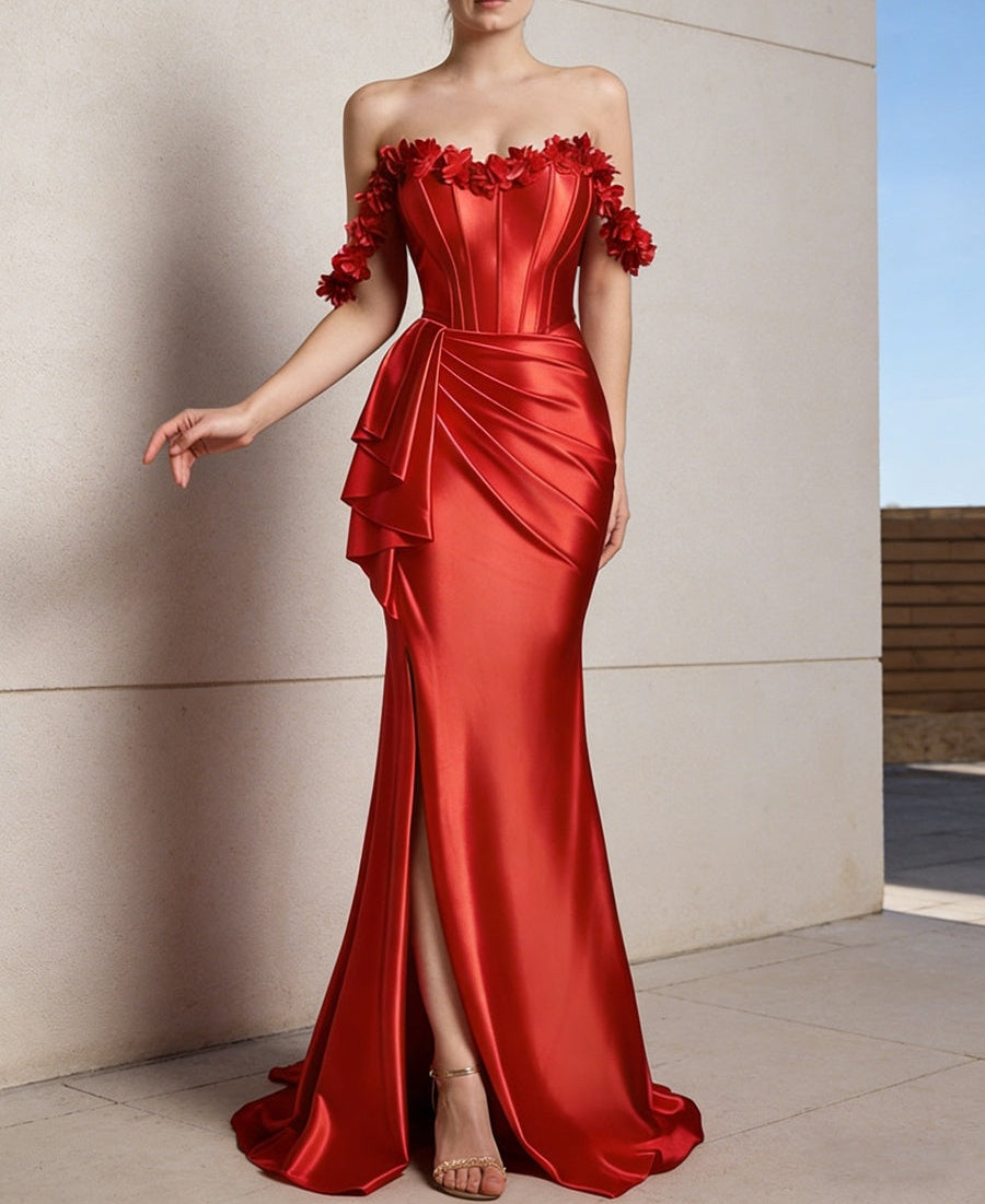 Trumpet/Mermaid Off Shoulder Ruffle Silk Like Satin Prom Dresses with Front Split & Flowers