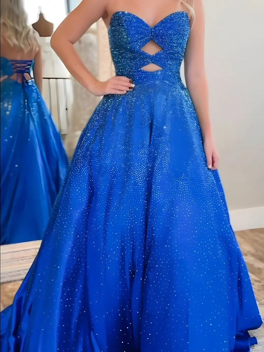 Strapless Cut-Out Beading Princess Long Prom Dresses Sweetheart Ball Gown