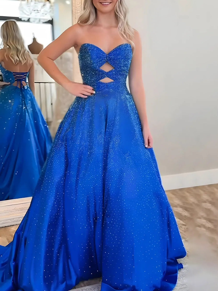 Strapless Cut-Out Beading Princess Long Prom Dresses Sweetheart Ball Gown